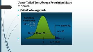 
0 z = 1.645
Reject H0
Do Not Reject H0
z
Sampling
distribution
of z
x
n

m
s
0
/
Upper-Tailed Test About a Population Mean:
s Known
 Critical Value Approach
 