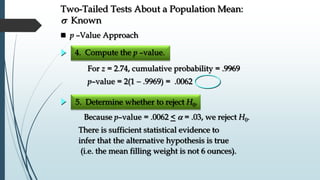 Two-Tailed Tests About a Population Mean:
s Known
5. Determine whether to reject H0.
 p –Value Approach
4. Compute the p –value.
For z = 2.74, cumulative probability = .9969
p–value = 2(1  .9969) = .0062
Because p–value = .0062 <  = .03, we reject H0.
There is sufficient statistical evidence to
infer that the alternative hypothesis is true
(i.e. the mean filling weight is not 6 ounces).
 