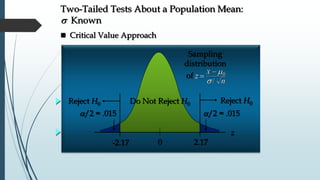 /2 = .015
0 2.17
Reject H0Do Not Reject H0
z
Reject H0
-2.17
 Critical Value Approach
Sampling
distribution
of z
x
n

m
s
0
/
Two-Tailed Tests About a Population Mean:
s Known
/2 = .015
 