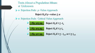  Rejection Rule: p -Value Approach
H0: m  m Reject H0 if t > t
Reject H0 if t < -t
Reject H0 if t < - t or t > t
H0: m  m
H0: mm
Tests About a Population Mean:
s Unknown
 Rejection Rule: Critical Value Approach
Reject H0 if p –value < 
 