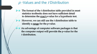 p -Values and the t Distribution
 The format of the t distribution table provided in most
statistics textbooks does not have sufficient detail
to determine the exact p-value for a hypothesis test.
 However, we can still use the t distribution table to
identify a range for the p-value.
 An advantage of computer software packages is that
the computer output will provide the p-value for the
t distribution.
 