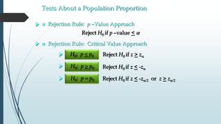  Rejection Rule: p –Value Approach
H0: p  p Reject H0 if z > z
Reject H0 if z < -z
Reject H0 if z < -z or z > z
H0: p  p
H0: pp
Tests About a Population Proportion
Reject H0 if p –value < 
 Rejection Rule: Critical Value Approach
 