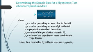where
z = z value providing an area of  in the tail
zb = z value providing an area of b in the tail
s = population standard deviation
m0 = value of the population mean in H0
ma = value of the population mean used for the
Type II error
n
z z
a



( )
( )
 b s
m m
2 2
0
2
n
z z
a



( )
( )
 b s
m m
2 2
0
2
Determining the Sample Size for a Hypothesis Test
About a Population Mean
Note: In a two-tailed hypothesis test, use z /2 not z
 