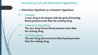  Alternative Hypothesis as a Research Hypothesis
Developing Null and Alternative Hypotheses
• Example:
A new drug is developed with the goal of lowering
blood pressure more than the existing drug.
• Alternative Hypothesis:
The new drug lowers blood pressure more than
the existing drug.
• Null Hypothesis:
The new drug does not lower blood pressure more
than the existing drug.
 