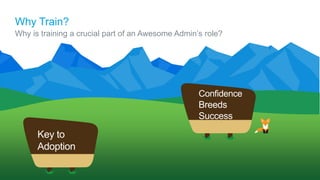 Why Train?
Why is training a crucial part of an Awesome Admin’s role?
Key to
Adoption
Confidence
Breeds
Success
 