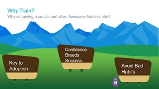 Why Train?
Why is training a crucial part of an Awesome Admin’s role?
Key to
Adoption
Confidence
Breeds
Success
Avoid Bad
Habits
 