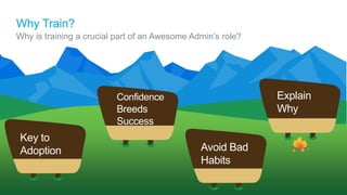 Why Train?
Why is training a crucial part of an Awesome Admin’s role?
Key to
Adoption
Confidence
Breeds
Success
Explain
Why
Avoid Bad
Habits
 