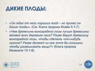 • «Он ждал от него хороших ягод – но принес он
дикие плоды». (См. Книга пророка Исайи 5:1-7)
• «Чем древесина виноградной лозы лучше древесины
ветвей всех деревьев леса? Разве берут древесину
виноградной лозы, чтобы сделать что-нибудь
нужное? Разве делают из нее хотя бы колышки,
чтобы развешивать вещи?» (Книга пророка
Иезекиля 15:1-8)
14
 