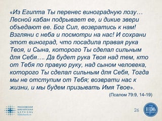 «Из Египта Ты перенес виноградную лозу…
Лесной кабан подрывает ее, и дикие звери
объедают ее. Бог Сил, возвратись к нам!
Взгляни с неба и посмотри на нас! И сохрани
этот виноград, что посадила правая рука
Твоя, и Сына, которого Ты сделал сильным
для Себя…. Да будет рука Твоя над тем, кто
от Тебя по правую руку, над сыном человека,
которого Ты сделал сильным для Себя, Тогда
мы не отступим от Тебя; возврати нас к
жизни, и мы будем призывать Имя Твое».
(Псалом 79:9, 14-19)
26
 