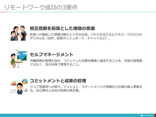 リモートワーク成功の3要件
セルフマネージメント
コミットメントと成果の管理
相互信頼を前提とした権限の委譲
労働時間の管理も含め、コミットした目標を確実に達成することを、外部の管理者
ではなく、自分自身で管理すること。
社員への徹底した情報の開示と十分な対話。これらを支えるビジネス・プロセスの
デジタル化（ERP、経営ダッシュボード、チャットなど）。
ジョブ型雇用への移行。ミッション・ステートメントの明確化と社員の個人事業主
化。自己責任と会社の役割の再定義。
 