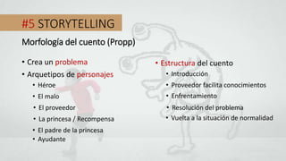 #5 STORYTELLING
• Crea un problema
Morfología del cuento (Propp)
• Estructura del cuento
• Arquetipos de personajes
• Héroe
• El malo
• El proveedor
• La princesa / Recompensa
• El padre de la princesa
• Ayudante
• Introducción
• Proveedor facilita conocimientos
• Enfrentamiento
• Resolución del problema
• Vuelta a la situación de normalidad
 