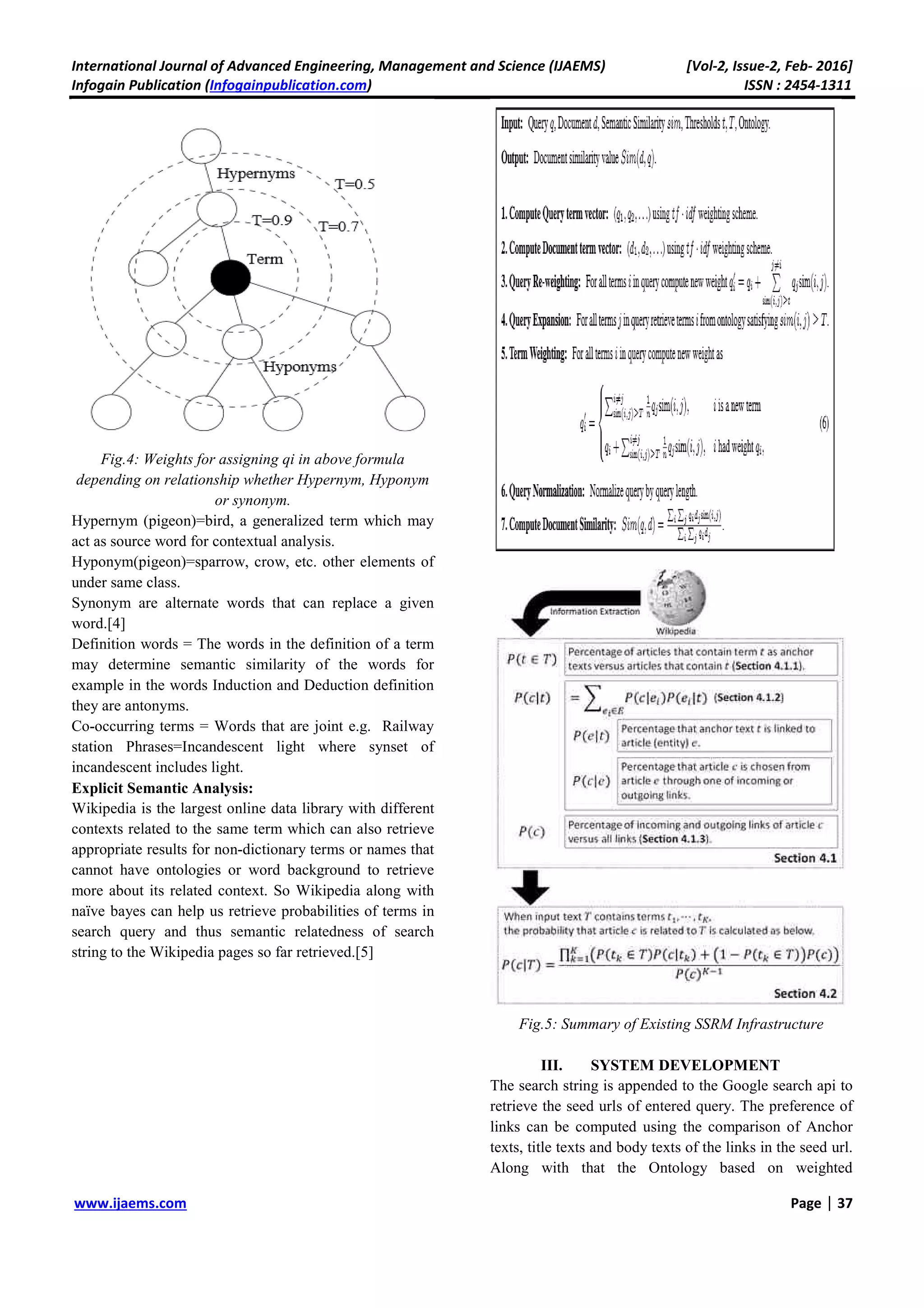 International Journal of Advanced Engineering, Management and Science (IJAEMS) [Vol-2, Issue-2, Feb- 2016]
Infogain Publication (Infogainpublication.com) ISSN : 2454-1311
www.ijaems.com Page | 37
Fig.4: Weights for assigning qi in above formula
depending on relationship whether Hypernym, Hyponym
or synonym.
Hypernym (pigeon)=bird, a generalized term which may
act as source word for contextual analysis.
Hyponym(pigeon)=sparrow, crow, etc. other elements of
under same class.
Synonym are alternate words that can replace a given
word.[4]
Definition words = The words in the definition of a term
may determine semantic similarity of the words for
example in the words Induction and Deduction definition
they are antonyms.
Co-occurring terms = Words that are joint e.g. Railway
station Phrases=Incandescent light where synset of
incandescent includes light.
Explicit Semantic Analysis:
Wikipedia is the largest online data library with different
contexts related to the same term which can also retrieve
appropriate results for non-dictionary terms or names that
cannot have ontologies or word background to retrieve
more about its related context. So Wikipedia along with
naïve bayes can help us retrieve probabilities of terms in
search query and thus semantic relatedness of search
string to the Wikipedia pages so far retrieved.[5]
Fig.5: Summary of Existing SSRM Infrastructure
III. SYSTEM DEVELOPMENT
The search string is appended to the Google search api to
retrieve the seed urls of entered query. The preference of
links can be computed using the comparison of Anchor
texts, title texts and body texts of the links in the seed url.
Along with that the Ontology based on weighted
 