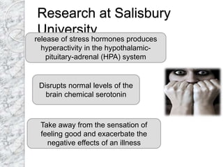 Research at Salisbury
University
release of stress hormones produces
hyperactivity in the hypothalamic-
pituitary-adrenal (HPA) system
Disrupts normal levels of the
brain chemical serotonin
Take away from the sensation of
feeling good and exacerbate the
negative effects of an illness
 
