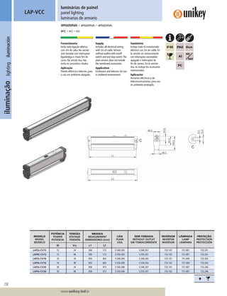 258
Lorem ipsum dolor
Lorem ipsum dolor
Lorem ipsum dolor
www.unikey.ind.br
iluminaçãolightingiluminación luminárias de painel
panel lighting
luminarias de armario
amazonas – amazonas – amazonas
vcc – vcc – vcc
LAP-VCC
Fornecimento
Inclui toda ligação elétrica
com 2m de cabo. Na versão
sem tomada com interruptor
liga/desliga e chave ﬁm de
curso. Na versão lisa, não
inclui os acessórios citados.
Aplicação
Painéiselétricosetelecom,para
o uso em ambiente abrigado.
Supply
Includes all electrical wiring
with 2m of cable.Version
without outlets with on/off
switch and end stop switch.The
plain version,does not include
the mentioned accessories.
Application
Enclosures and telecom, for use
in sheltered environment.
Suministro
Incluye todo el conexionado
eléctrico con 2m de cable. En
la versión sin tomacorriente
con interruptor encendido/
apagado e interruptor de
ﬁn de carrera. En la versión
lisa, no incluye los accesorios
mencionados.
Aplicación
Armarios eléctricos y de
telecomunicaciones, para uso
en ambiente protegido.
MODELO
MODEL
MODELO
POTÊNCIA
POWER
POTENCIA
TENSÃO
VOLTAGE
TENSIÓN
MEDIDA
MEASUREMENT
DIMENSIONES (mm)
LISA
PLAIN
LISA
SEM TOMADA
WITHOUT OUTLET
SIN TOMACORRIENTE
INVERSOR
INVERTER
INVERSOR
LÂMPADA
LAMP
LÁMPARA
PROTEÇÃO
PROTECTION
PROTECCIÓN
W Vcc L1 L2
LAP2c-CV15 15 24 500 515 5.540.203 5.540.201 733.101 731.001 733.201
LAP4C-CV15 15 48 500 515 5.550.203 5.550.201 733.102 731.001 733.201
LAP2c-CV16 16 24 650 665 5.540.204 5.540.202 733.101 731.004 733.202
LAP4c-CV16 16 48 650 665 5.550.204 5.550.202 733.102 731.004 733.202
LAP2c-CV30 30 24 958 973 5.540.208 5.540.207 733.101 731.007 733.206
LAP4c-CV30 30 48 958 973 5.550.206 5.550.207 733.102 731.007 733.206
Ë
 