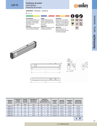 259
www.unikey.ind.br
iluminaçãolightingiluminación
amazonas – amazonas – amazonas
ts – ts – ts
LAP-TS
luminárias de painel
panel lighting
luminarias de armario
Fornecimento
Inclui toda ligação elétrica com
2m de cabo. Com interruptor
liga/desliga, tomada Schuko e
chave ﬁm de curso.
Aplicação
Painéiselétricosetelecom,para
o uso em ambiente abrigado.
Supply
Includes all electrical wiring
with 2m of cable.With on/off
switch, Schuko outlet and end
stop switch.
Application
Enclosures and telecom, for use
in sheltered environment.
Suministro
Incluye todo el conexionado
eléctrico con 2m de cable. Con
interruptor de encendido/apa-
gado, tomacorriente Schuko e
interruptor de ﬁn de carrera.
Aplicación
Armarios eléctricos y de
telecomunicaciones, para uso
en ambiente protegido.
MODELO
MODEL
MODELO
POTÊNCIA
POWER
POTENCIA
TENSÃO
VOLTAGE
TENSIÓN
FREQUÊNCIA
FREQUENCY
FRECUENCIA
MEDIDAS
MEASUREMENT
DIMENSIONES (mm)
CÓDIGO
CODE
CÓDIGO
REATOR
REACTOR
BALASTO
LÂMPADA
LAMP
LÁMPARA
PROTEÇÃO
PROTECTION
PROTECCIÓN
W Vca Hz L1 L2
LAPS1-C15 15 127 50-60 500 515 5.570.216 732.101 731.001 733.201
LAPS2-C15 15 220 50-60 500 515 5.580.224 732.101 731.001 733.201
LAPS1-C16 16 127 50-60 650 665 5.570.217 732.101 731.004 733.202
LAPS2-C16 16 220 50-60 650 665 5.580.225 732.101 731.004 733.202
LAPS1-C30 30 127 50-60 958 973 5.570.218 732.102 731.007 733.206
LAPS2-C30 30 220 50-60 958 973 5.580.226 732.102 731.007 733.206
Ë
 