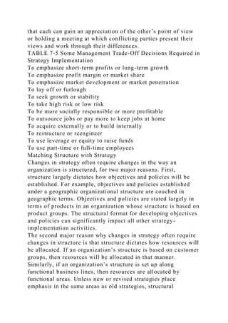 that each can gain an appreciation of the other’s point of view
or holding a meeting at which conflicting parties present their
views and work through their differences.
TABLE 7-5 Some Management Trade-Off Decisions Required in
Strategy Implementation
To emphasize short-term profits or long-term growth
To emphasize profit margin or market share
To emphasize market development or market penetration
To lay off or furlough
To seek growth or stability
To take high risk or low risk
To be more socially responsible or more profitable
To outsource jobs or pay more to keep jobs at home
To acquire externally or to build internally
To restructure or reengineer
To use leverage or equity to raise funds
To use part-time or full-time employees
Matching Structure with Strategy
Changes in strategy often require changes in the way an
organization is structured, for two major reasons. First,
structure largely dictates how objectives and policies will be
established. For example, objectives and policies established
under a geographic organizational structure are couched in
geographic terms. Objectives and policies are stated largely in
terms of products in an organization whose structure is based on
product groups. The structural format for developing objectives
and policies can significantly impact all other strategy-
implementation activities.
The second major reason why changes in strategy often require
changes in structure is that structure dictates how resources will
be allocated. If an organization’s structure is based on customer
groups, then resources will be allocated in that manner.
Similarly, if an organization’s structure is set up along
functional business lines, then resources are allocated by
functional areas. Unless new or revised strategies place
emphasis in the same areas as old strategies, structural
 