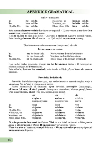 204
APÉNDICE GRAMATICAL
salir – виходити
Yo he salido Nosotros, -as hemos salido
Tú has salido Vosotros, -as habéis salido
El, ella, Ud. ha salido Ellos, ellas, Uds han salido
Esta semana hemos tenido dos clases de español. – Цього тижня у нас було (ми
мали) два уроки іспанської мови.
Hoy he salido de casa a las siete. – Сьогодні я вийшов з дому о сьомій годині.
Este domingo hemos ido al teatro. – Цієї неділі ми ходили в театр.
Відмінювання займенникових (зворотних) дієслів
levantarse – вставати
Yo me he levantado Nosotros nos hemos levantado
Tú te has levantado Vosotros os habéis levantado
El, еlla, Ud. se ha levantado Ellos, еllas, Uds. se han levantado
Hoy no he hecho gimnasia, porque me he levantado tarde. – Я сьогодні не
зробив зарядку, бо встав пізно.
Este sábado, José se ha acostado más tarde. – Цієї суботи Хосе ліг спати
пізніше.
Pretérito indefinido
Pretérito indeﬁnido виражає дію, що закінчилася в певний період часу в
минулому без зв’язку з теперішнім часом.
Часто вживається зі словами: ayer (вчора), anteayer (позавчора),
el lunes (el mes, el año) pasado (минулого понеділка, місяця, року), hace
tres días (meses, años) (три дні, місяці, роки тому).
-ar -er -ir
viajar – volver – vivir –
подорожувати повертатися жити
Yo viajé volví viví
Tú viajaste volviste viviste
El, ella, Ud. viajó volvió vivió
Nosotros, -as viajamos volvimos vivimos
Vosotros, -as viajasteis volvisteis vivisteis
Ellos, ellas, Uds. viajaron volvieron vivieron
El año pasado descansé en Odesa. Viví en un hotel moderno. – Минулого
року я відпочивав у Одесі. Я проживав у сучасному готелі.
Hace un mes mi hermano cumplió 6 años. – Минулого місяця моєму братові
виповнилося 6 років.
 