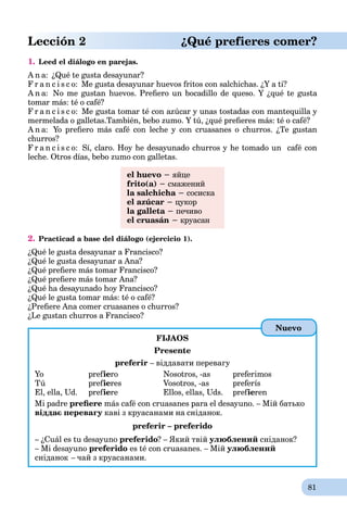 81
Lección 2 ¿Qué prefieres comer?
1. Leed el diálogo en parejas.
A n a: ¿Qué te gusta desayunar?
F r a n c i s c o: Me gusta desayunar huevos fritos con salchichas. ¿Y a ti?
A n a: No me gustan huevos. Preﬁero un bocadillo de queso. Y ¿qué te gusta
tomar más: té o café?
F r a n c i s c o: Me gusta tomar té con azúcar y unas tostadas con mantequilla y
mermelada o galletas.También, bebo zumo. Y tú, ¿qué preﬁeres más: té o café?
A n a: Yo preﬁero más café con leche y con cruasanes o churros. ¿Te gustan
churros?
F r a n c i s c o: Sí, claro. Hoy he desayunado churros y he tomado un café con
leche. Otros días, bebo zumo con galletas.
el huevo − яйце
frito(a) − смажений
la salchicha − сосиска
el azúcar − цукор
la galleta − печиво
el cruasán − круасан
2. Practicad a base del diálogo (ejercicio 1).
¿Qué le gusta desayunar a Francisco?
¿Qué le gusta desayunar a Ana?
¿Qué preﬁere más tomar Francisco?
¿Qué preﬁere más tomar Ana?
¿Qué ha desayunado hoy Francisco?
¿Qué le gusta tomar más: té o café?
¿Preﬁere Ana comer cruasanes o churros?
¿Le gustan churros a Francisco?
FIJAOS
Presente
preferir – віддавати перевагу
Yo prefieff ro Nosotros, -as preferimos
Tú prefieff res Vosotros, -as preferís
El, ella, Ud. prefieff re Ellos, ellas, Uds. prefieff ren
Mi padre preﬁere más café con cruasanes para el desayuno. – Мій батько
віддає перевагу каві з круасанами на сніданок.у
preferir – preferido
– ¿Cuál es tu desayuno preferido? – Який твій улюблений сніданок?
– Mi desayuno preferido es té con cruasanes. – Мій улюблений
сніданок – чай з круасанами.
Nuevo
 