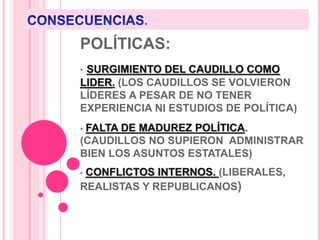 .
POLÍTICAS:
• SURGIMIENTO DEL CAUDILLO COMO
LIDER. (LOS CAUDILLOS SE VOLVIERON
LÍDERES A PESAR DE NO TENER
EXPERIENCIA NI ESTUDIOS DE POLÍTICA)
• FALTA DE MADUREZ POLÍTICA.
(CAUDILLOS NO SUPIERON ADMINISTRAR
BIEN LOS ASUNTOS ESTATALES)
• CONFLICTOS INTERNOS. (LIBERALES,
REALISTAS Y REPUBLICANOS)
 