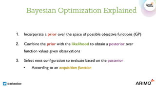 Bayesian Optimization Explained
@arimoinc
1. Incorporate a prior over the space of possible objective functions (GP)
2. Combine the prior with the likelihood to obtain a posterior over
function values given observations
3. Select next configuration to evaluate based on the posterior
• According to an acquisition function
 