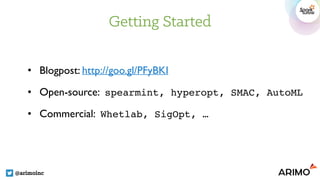 Getting Started
@arimoinc
• Blogpost: http://goo.gl/PFyBKI
• Open-source: spearmint, hyperopt, SMAC, AutoML
• Commercial: Whetlab, SigOpt, …
 