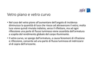 Vetro piano e vetro curvo
• Nel caso del vetro piano all'aumentare dell'angolo di incidenza 
diminuisce la quantità di luce che riesce ad attraversare il vetro; molta 
luce viene quindi rinviata indietro, verso il riflettore, ma ad ogni 
riflessione una parte di flusso luminoso viene assorbita dall'armatura 
a scapito del rendimento globale del corpo illuminante.
• Il vetro curvo, se sporge dall'armatura, a causa fenomeni di rifrazione 
e riflessione, consente ad una parte di flusso luminoso di indirizzarsi 
al di sopra dell'orizzonte. 
 