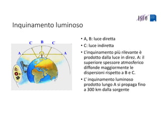 Inquinamento luminoso
• A, B: luce diretta
• C: luce indiretta
• L’inquinamento più rilevante è 
prodotto dalla luce in direz. A: il 
superiore spessore atmosferico 
diffonde maggiormente le 
dispersioni rispetto a B e C.
• L’ inquinamento luminoso 
prodotto lungo A si propaga fino 
a 300 km dalla sorgente
C B C
AA
 