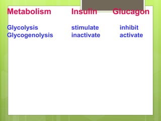 Metabolism Insulin Glucagon
Glycolysis stimulate inhibit
Glycogenolysis inactivate activate
 