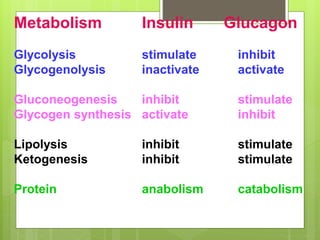 Metabolism Insulin Glucagon
Glycolysis stimulate inhibit
Glycogenolysis inactivate activate
Gluconeogenesis inhibit stimulate
Glycogen synthesis activate inhibit
Lipolysis inhibit stimulate
Ketogenesis inhibit stimulate
Protein anabolism catabolism
 