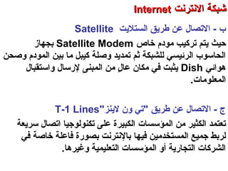 ‫الستلتيت‬ ‫طرتيق‬ ‫عن‬ ‫الصتصال‬ - ‫ب‬Satellite
‫حيث‬‫خاص‬ ‫مودم‬ ‫صتركيب‬ ‫تيتم‬Satellite Modem‫بجهاز‬
‫وصحن‬ ‫المودم‬ ‫بين‬ ‫ما‬ ‫كيبل‬ ‫وصلة‬ ‫صتمدتيد‬ ‫ثم‬ ‫للشبكة‬ ‫الرئيسي‬ ‫الحاسوب‬
‫هوائي‬Dish‫واستقبال‬ ‫لسرسال‬ ‫المبنى‬ ‫من‬ ‫ل‬ٍ  ‫عا‬ ‫مكان‬ ‫في‬ ‫تيثبت‬
‫المعلومات‬.
‫لتينز‬ ‫ون‬ ‫"صتي‬ ‫طرتيق‬ ‫عن‬ ‫الصتصال‬ - ‫ج‬"T-1 Lines
‫من‬ ‫الكثير‬ ‫صتعتمد‬‫المؤسسات‬‫سرتيعة‬ ‫اصتصال‬ ‫صتكنولوجيا‬ ‫على‬ ‫الكبيرة‬
‫في‬ ‫المستخدمين‬ ‫جميع‬ ‫لربط‬‫ها‬‫خاصة‬ ‫فاعلة‬ ‫بصوسرة‬ ‫بالنترنت‬‫في‬
‫وغيرها‬ ‫التعليمية‬ ‫المؤسسات‬ ‫أو‬ ‫التجاسرتية‬ ‫الشركات‬.
‫العنكبوصتية‬ ‫والشبكة‬ ‫النترنت‬ ‫أساسيات‬ – ‫عشر‬ ‫الحادي‬ ‫الفصل‬ - ‫الرابعة‬ ‫الوحدة‬
‫النترنت‬ ‫شبكة‬‫النترنت‬ ‫شبكة‬InternetInternet
 