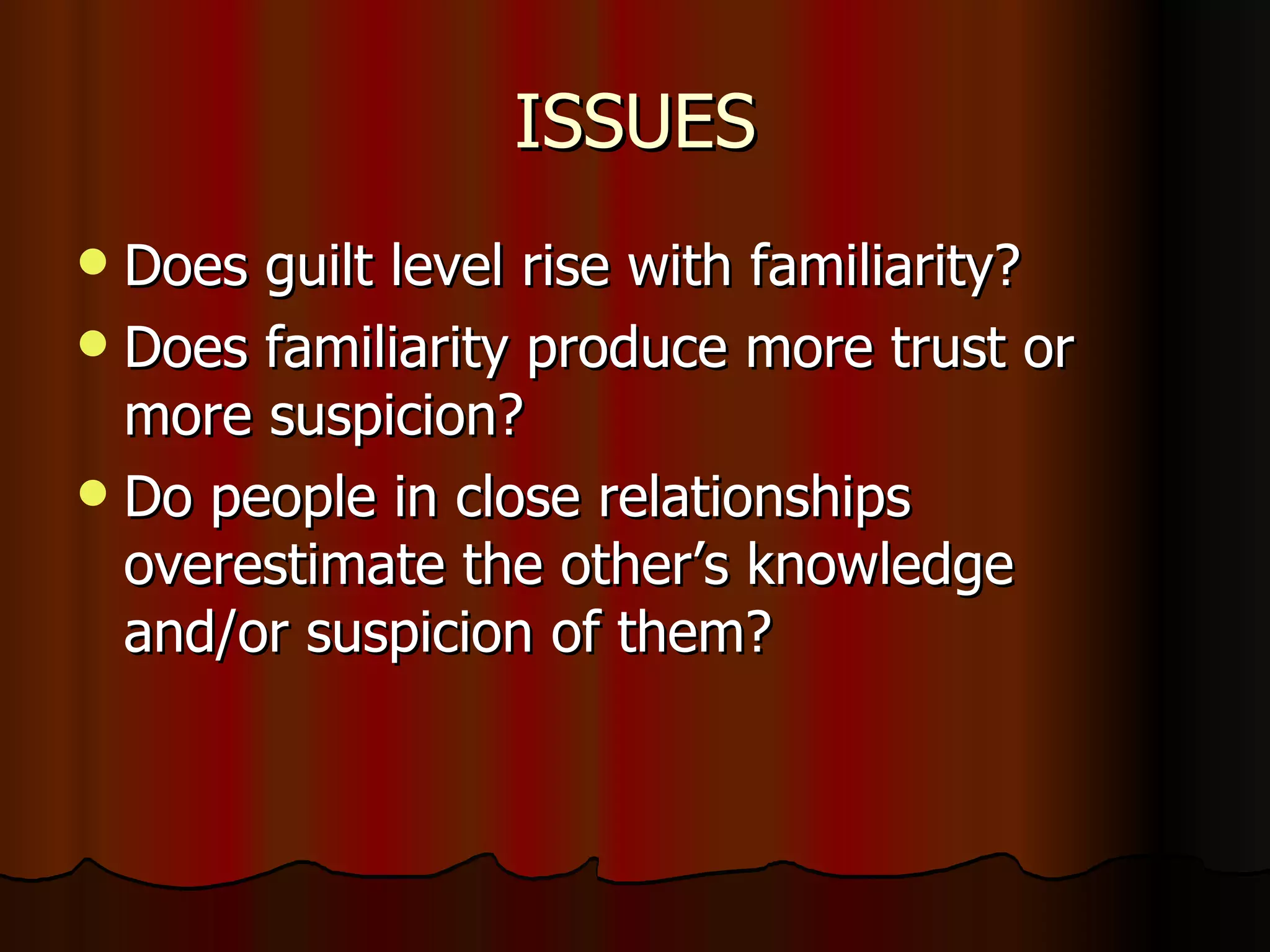 ISSUES Does guilt level rise with familiarity? Does familiarity produce more trust or more suspicion? Do people in close relationships overestimate the other’s knowledge and/or suspicion of them? 