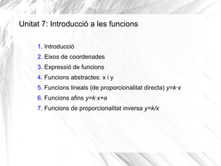 Unitat 7: Introducció a les funcions
1. Introducció
2. Eixos de coordenades
3. Expressió de funcions
4. Funcions abstractes: x i y
5. Funcions lineals (de proporcionalitat directa) y=k·x
6. Funcions afins y=k·x+a
7. Funcions de proporcionalitat inversa y=k/x
 