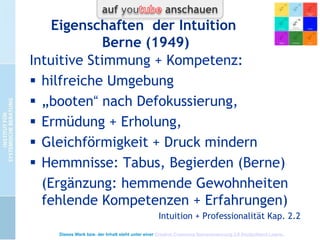 Psychoanalytisch interessante
Intuitionsbereiche 2
Urbilder primäre Urteile (1955):
 „Denke in Schließmuskeln“
Hauptmodalitäten und Motive der Begegnung
Intuitive Erstbilder (dann „Vernebelung“)
Initialtransaktionen
 Das Ich-Bild (1957)+ Ichzustände (1957)
Identitätsüberzeugungen/ Arbeit mit
seelischen Leitbildern (Passung
Ich/Organisation)
Anschluss an Ergänzungskonzept (C.G.Jung) und
an Wirklichkeitsstile
Dieses Werk bzw. der Inhalt steht unter einer Creative Commons Namensnennung 3.0 Deutschland Lizenz.

 