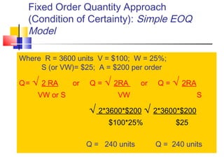 Fixed Order Quantity Approach
(Condition of Certainty): Simple EOQ
Model
Where R = 3600 units V = $100; W = 25%;
S (or VW)= $25; A = $200 per order
Q= √ 2 RA or Q = √ 2RA or Q = √ 2RA
VW or S VW S
√ 2*3600*$200 √ 2*3600*$200
$100*25% $25
Q = 240 units Q = 240 units
 