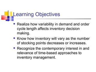 Learning Objectives
 Realize how variability in demand and order
cycle length affects inventory decision
making.
 Know how inventory will vary as the number
of stocking points decreases or increases.
 Recognize the contemporary interest in and
relevance of time-based approaches to
inventory management.
 