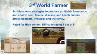 3rd World Farmer
Scholars learn strategies to produce profitable farm crops
and control cost, famine, disease, and health ...