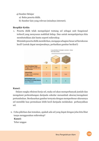 109Ilmu Pengetahuan Alam
4) Sumber Belajar
a)	 Buku peserta didik.
b)	Sumber lain yang relevan (misalnya internet).
Berpikir Kritis
1.	 Peserta didik telah mempelajari tentang sel sebagai unit fungsional
terkecil yang menyusun makhluk hidup. Dan untuk mempelajarinya kita
membutuhkan alat bantu seperti mikroskop.
Mintalahpesertadidikmemikirkan,mengapasebagianbesarselberukuran
kecil? (untuk dapat menjawabnya, perhatikan gambar berikut!)
Kunci:
Dalam rangka efisiensi kerja sel, maka sel akan memperbanyak jumlah dan
mengalami perkembangan daripada sekedar menambah ukuran/mengalami
pertumbuhan. Berdasarkan gambar ternyata dengan memperbesar ukurannya
sel memiliki luas permukaan lebih kecil daripada melakukan perbanyakkan
sel.
2.	 Coba pikirkan dan temukan, apakah ada sel yang dapat dengan jelas kita lihat
tanpa menggunakan mikroskop?
Kunci:
Telur unggas
 