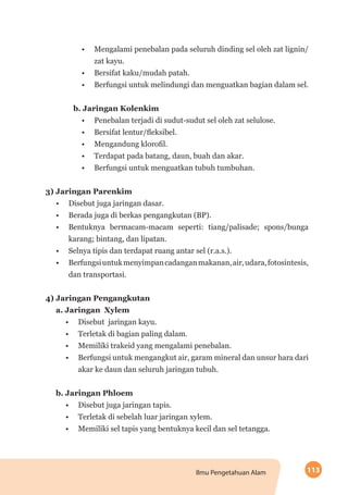 113Ilmu Pengetahuan Alam
•	 Mengalami penebalan pada seluruh dinding sel oleh zat lignin/
zat kayu.
•	 Bersifat kaku/mudah patah.
•	 Berfungsi untuk melindungi dan menguatkan bagian dalam sel.
b. Jaringan Kolenkim
•	 Penebalan terjadi di sudut-sudut sel oleh zat selulose.
•	 Bersifat lentur/fleksibel.
•	 Mengandung klorofil.
•	 Terdapat pada batang, daun, buah dan akar.
•	 Berfungsi untuk menguatkan tubuh tumbuhan.
3) Jaringan Parenkim
•	 Disebut juga jaringan dasar.
•	 Berada juga di berkas pengangkutan (BP).
•	 Bentuknya bermacam-macam seperti: tiang/palisade; spons/bunga
karang; bintang, dan lipatan.
•	 Selnya tipis dan terdapat ruang antar sel (r.a.s.).
•	 Berfungsiuntukmenyimpancadanganmakanan,air,udara,fotosintesis,
dan transportasi.
4) Jaringan Pengangkutan
a. Jaringan Xylem
•	 Disebut jaringan kayu.
•	 Terletak di bagian paling dalam.
•	 Memiliki trakeid yang mengalami penebalan.
•	 Berfungsi untuk mengangkut air, garam mineral dan unsur hara dari
akar ke daun dan seluruh jaringan tubuh.
b. Jaringan Phloem
•	 Disebut juga jaringan tapis.
•	 Terletak di sebelah luar jaringan xylem.
•	 Memiliki sel tapis yang bentuknya kecil dan sel tetangga.
 