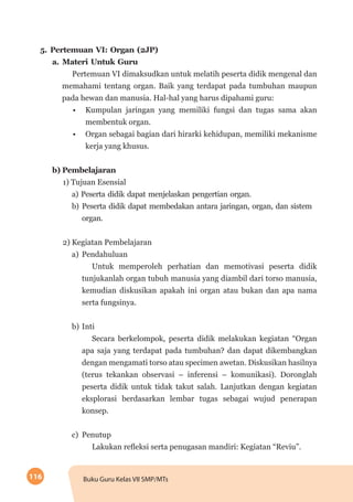 116 Buku Guru Kelas VII SMP/MTs
5.	Pertemuan VI: Organ (2JP)
a.	Materi Untuk Guru
Pertemuan VI dimaksudkan untuk melatih peserta didik mengenal dan
memahami tentang organ. Baik yang terdapat pada tumbuhan maupun
pada hewan dan manusia. Hal-hal yang harus dipahami guru:
•	 Kumpulan jaringan yang memiliki fungsi dan tugas sama akan
membentuk organ.
•	 Organ sebagai bagian dari hirarki kehidupan, memiliki mekanisme
kerja yang khusus.
b)	Pembelajaran
1) Tujuan Esensial
a) Peserta didik dapat menjelaskan pengertian organ.
b)	Peserta didik dapat membedakan antara jaringan, organ, dan sistem
organ.
2) Kegiatan Pembelajaran
a)	Pendahuluan
Untuk memperoleh perhatian dan memotivasi peserta didik
tunjukanlah organ tubuh manusia yang diambil dari torso manusia,
kemudian diskusikan apakah ini organ atau bukan dan apa nama
serta fungsinya.
b)	Inti
Secara berkelompok, peserta didik melakukan kegiatan “Organ
apa saja yang terdapat pada tumbuhan? dan dapat dikembangkan
dengan mengamati torso atau specimen awetan. Diskusikan hasilnya
(terus tekankan observasi – inferensi – komunikasi). Doronglah
peserta didik untuk tidak takut salah. Lanjutkan dengan kegiatan
eksplorasi berdasarkan lembar tugas sebagai wujud penerapan
konsep.
c)	Penutup
Lakukan refleksi serta penugasan mandiri: Kegiatan “Reviu”.
 
