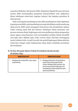 127Ilmu Pengetahuan Alam
yang akan dilakukan oleh peserta didik. Selanjutnya Bapak/Ibu guru bersama
peserta didik menyimpulkan pengertian konsep/definisi serta aplikasinya
dalam kehidupan sehari-hari, kegiatan industri, dan kegiatan penelitian di
laboratorium.
Pada awal kegiatan pembelajaran dan akhir pembelajaran selalu dijelaskan
kepadapesertadidik,materipembelajaranyangtelahdibahasuntukmendorong
sikap peserta didik untuk mengagumi keteraturan dan kompleksitas ciptaan
Tuhan tentang aspek fisik dan kimiawi, kehidupan dalam ekosistem, dan
peranan manusia dalam lingkungan serta mewujudkannya dalam pengamalan
ajaran agama yang dianutnya serta menunjukkan perilaku ilmiah (memiliki
rasa ingin tahu; objektif; jujur; teliti; cermat; tekun; hati-hati; bertanggung
jawab; terbuka; kritis; kreatif; inovatif, dan peduli lingkungan) dalam aktivitas
sehari-hari sebagai wujud implementasi sikap dalam melakukan percobaan
dan berdiskusi.
B. KI dan KD pada Materi Pokok Perubahan Benda-benda 		
di Sekitar Kita
KOMPETENSI INTI KOMPETENSI DASAR
1.	 Menghayati dan mengamalkan ajaran agama
yang dianutnya.
1.1.	 Mengagumi keteraturan dan kompleksitas
ciptaanTuhan tentang aspek fisik dan
kimiawi, kehidupan dalam ekosistem, dan
peranan manusia dalam lingkungan serta
mewujudkannya dalam pengamalan ajaran
agama yang dianutnya.
 