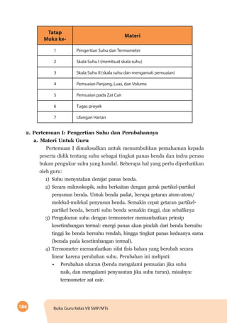186 Buku Guru Kelas VII SMP/MTs
Tatap
Muka ke-
Materi
1 Pengertian Suhu dan Termometer
2 Skala Suhu I (membuat skala suhu)
3 Skala Suhu II (skala suhu dan mengamati pemuaian)
4 Pemuaian Panjang, Luas, dan Volume
5 Pemuaian pada Zat Cair
6 Tugas proyek
7 Ulangan Harian
2.	Pertemuan I: Pengertian Suhu dan Perubahannya
a.	Materi Untuk Guru
Pertemuan I dimaksudkan untuk menumbuhkan pemahaman kepada
peserta didik tentang suhu sebagai tingkat panas benda dan indra perasa
bukan pengukur suhu yang handal. Beberapa hal yang perlu diperhatikan
oleh guru:
1)	 Suhu menyatakan derajat panas benda.
2)	Secara mikroskopik, suhu berkaitan dengan gerak partikel-partikel
penyusun benda. Untuk benda padat, berupa getaran atom-atom/
molekul-molekul penyusun benda. Semakin cepat getaran partikel-
partikel benda, berarti suhu benda semakin tinggi, dan sebaliknya
3)	Pengukuran suhu dengan termometer memanfaatkan prinsip
kesetimbangan termal: energi panas akan pindah dari benda bersuhu
tinggi ke benda bersuhu rendah, hingga tingkat panas keduanya sama
(berada pada kesetimbangan termal).
4)	 Termometer memanfaatkan sifat fisis bahan yang berubah secara
linear karena perubahan suhu. Perubahan ini meliputi:
•	 Perubahan ukuran (benda mengalami pemuaian jika suhu
naik, dan mengalami penyusutan jika suhu turun), misalnya:
termometer zat cair.
 