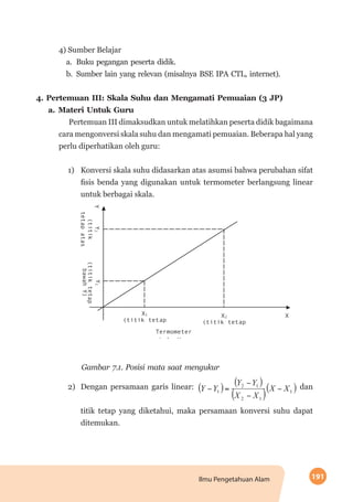 191Ilmu Pengetahuan Alam
4) Sumber Belajar
a.	 Buku pegangan peserta didik.
b.	 Sumber lain yang relevan (misalnya BSE IPA CTL, internet).
4.	Pertemuan III: Skala Suhu dan Mengamati Pemuaian (3 JP)
a.	Materi Untuk Guru
Pertemuan III dimaksudkan untuk melatihkan peserta didik bagaimana
cara mengonversi skala suhu dan mengamati pemuaian. Beberapa hal yang
perlu diperhatikan oleh guru:
1)	 Konversi skala suhu didasarkan atas asumsi bahwa perubahan sifat
fisis benda yang digunakan untuk termometer berlangsung linear
untuk berbagai skala.
	 Gambar 7.1. Posisi mata saat mengukur
2)	 Dengan persamaan garis linear: dan
titik tetap yang diketahui, maka persamaan konversi suhu dapat
ditemukan.
 