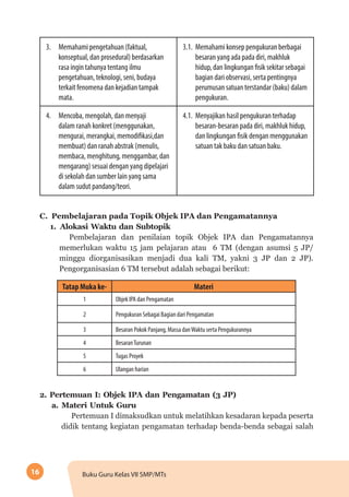 16 Buku Guru Kelas VII SMP/MTs
3.	 Memahami pengetahuan (faktual,
konseptual, dan prosedural) berdasarkan
rasa ingin tahunya tentang ilmu
pengetahuan, teknologi, seni, budaya
terkait fenomena dan kejadian tampak
mata.
3.1.	 Memahami konsep pengukuran berbagai
besaran yang ada pada diri, makhluk
hidup, dan lingkungan fisik sekitar sebagai
bagian dari observasi, serta pentingnya
perumusan satuan terstandar (baku) dalam
pengukuran.
4.	 Mencoba, mengolah, dan menyaji
dalam ranah konkret (menggunakan,
mengurai, merangkai, memodifikasi,dan
membuat) dan ranah abstrak (menulis,
membaca, menghitung, menggambar, dan
mengarang) sesuai dengan yang dipelajari
di sekolah dan sumber lain yang sama
dalam sudut pandang/teori.
4.1.	 Menyajikan hasil pengukuran terhadap
besaran-besaran pada diri, makhluk hidup,
dan lingkungan fisik dengan menggunakan
satuan tak baku dan satuan baku.
C.	 Pembelajaran pada Topik Objek IPA dan Pengamatannya
1.	 Alokasi Waktu dan Subtopik
Pembelajaran dan penilaian topik Objek IPA dan Pengamatannya
memerlukan waktu 15 jam pelajaran atau 6 TM (dengan asumsi 5 JP/
minggu diorganisasikan menjadi dua kali TM, yakni 3 JP dan 2 JP).
Pengorganisasian 6 TM tersebut adalah sebagai berikut:
Tatap Muka ke- Materi
1 Objek IPA dan Pengamatan
2 Pengukuran Sebagai Bagian dari Pengamatan
3 Besaran Pokok Panjang, Massa danWaktu serta Pengukurannya
4 BesaranTurunan
5 Tugas Proyek
6 Ulangan harian
2.	Pertemuan I: Objek IPA dan Pengamatan (3 JP)
a.	Materi Untuk Guru
Pertemuan I dimaksudkan untuk melatihkan kesadaran kepada peserta
didik tentang kegiatan pengamatan terhadap benda-benda sebagai salah
 