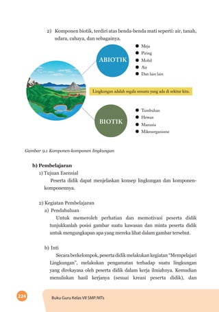 224 Buku Guru Kelas VII SMP/MTs
2)	 Komponen biotik, terdiri atas benda-benda mati seperti: air, tanah,
udara, cahaya, dan sebagainya.
Gambar 9.1 Komponen-komponen lingkungan
b)	Pembelajaran
1) Tujuan Esensial
Peserta didik dapat menjelaskan konsep lingkungan dan komponen-
komponennya.
2) Kegiatan Pembelajaran
a)	Pendahuluan
Untuk memeroleh perhatian dan memotivasi peserta didik
tunjukkanlah posisi gambar suatu kawasan dan minta peserta didik
untuk mengungkapan apa yang mereka lihat dalam gambar tersebut.
b)	Inti
Secara berkelompok, peserta didik melakukan kegiatan “Mempelajari
Lingkungan”, melakukan pengamatan terhadap suatu lingkungan
yang direkayasa oleh peserta didik dalam kerja ilmiahnya. Kemudian
menuliskan hasil kerjanya (sesuai kreasi peserta didik), dan
 