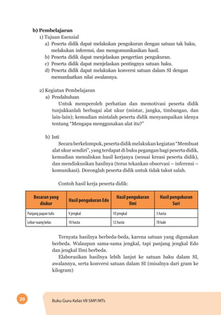 20 Buku Guru Kelas VII SMP/MTs
b)	Pembelajaran
1) Tujuan Esensial
a)	Peserta didik dapat melakukan pengukuran dengan satuan tak baku,
melakukan inferensi, dan mengomunikasikan hasil.
b)	Peserta didik dapat menjelaskan pengertian pengukuran.
c)	Peserta didik dapat menjelaskan pentingnya satuan baku.
d)	Peserta didik dapat melakukan konversi satuan dalam SI dengan
memanfaatkan nilai awalannya.
2) Kegiatan Pembelajaran
a)	Pendahuluan
Untuk memperoleh perhatian dan memotivasi peserta didik
tunjukkanlah berbagai alat ukur (mistar, jangka, timbangan, dan
lain-lain); kemudian mintalah peserta didik menyampaikan idenya
tentang “Mengapa menggunakan alat itu?”
b)	Inti
Secaraberkelompok,pesertadidikmelakukankegiatan“Membuat
alat ukur sendiri”, yang terdapat di buku pegangan bagi peserta didik,
kemudian menuliskan hasil kerjanya (sesuai kreasi peserta didik),
dan mendiskusikan hasilnya (terus tekankan observasi – inferensi –
komunikasi). Doronglah peserta didik untuk tidak takut salah.
Contoh hasil kerja peserta didik:
Besaran yang
diukur
Hasil pengukuran Edo
Hasil pengukuran
Ilmi
Hasil pengukuran
Suri
Panjang papan tulis 9 jengkal 10 jengkal 3 hasta
Lebar ruang kelas 10 hasta 12 hasta 78 kaki
Ternyata hasilnya berbeda-beda, karena satuan yang digunakan
berbeda. Walaupun sama-sama jengkal, tapi panjang jengkal Edo
dan jengkal Ilmi berbeda.
Elaborasikan hasilnya lebih lanjut ke satuan baku dalam SI,
awalannya, serta konversi satuan dalam SI (misalnya dari gram ke
kilogram)
 