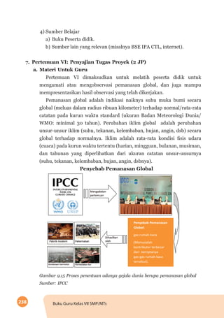 238 Buku Guru Kelas VII SMP/MTs
4) Sumber Belajar
a)	 Buku Peserta didik.
b)	Sumber lain yang relevan (misalnya BSE IPA CTL, internet).
7.	Pertemuan VI: Penyajian Tugas Proyek (2 JP)
a.	Materi Untuk Guru
Pertemuan VI dimaksudkan untuk melatih peserta didik untuk
mengamati atau mengobservasi pemanasan global, dan juga mampu
mempresentasikan hasil observasi yang telah dikerjakan.
Pemanasan global adalah indikasi naiknya suhu muka bumi secara
global (meluas dalam radius ribuan kilometer) terhadap normal/rata-rata
catatan pada kurun waktu standard (ukuran Badan Meteorologi Dunia/
WMO: minimal 30 tahun). Perubahan iklim global adalah perubahan
unsur-unsur iklim (suhu, tekanan, kelembaban, hujan, angin, dsb) secara
global terhadap normalnya. Iklim adalah rata-rata kondisi fisis udara
(cuaca) pada kurun waktu tertentu (harian, mingguan, bulanan, musiman,
dan tahunan yang diperlihatkan dari ukuran catatan unsur-unsurnya
(suhu, tekanan, kelembaban, hujan, angin, dsbnya).
Penyebab Pemanasan Global
Gambar 9.15 Proses penentuan adanya gejala dunia berupa pemanasan global
Sumber: IPCC
Penyebab Pemanasan
Global:
gas rumah kaca
(Manusialah
kontributor terbesar
dari terciptanya
gas-gas rumah kaca
tersebut).
 