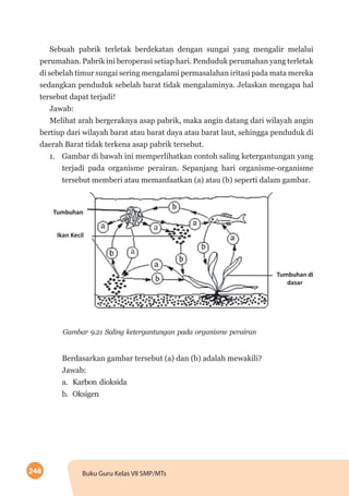 248 Buku Guru Kelas VII SMP/MTs
Sebuah pabrik terletak berdekatan dengan sungai yang mengalir melalui
perumahan. Pabrik ini beroperasi setiap hari. Penduduk perumahan yang terletak
di sebelah timur sungai sering mengalami permasalahan iritasi pada mata mereka
sedangkan penduduk sebelah barat tidak mengalaminya. Jelaskan mengapa hal
tersebut dapat terjadi!
Jawab:
Melihat arah bergeraknya asap pabrik, maka angin datang dari wilayah angin
bertiup dari wilayah barat atau barat daya atau barat laut, sehingga penduduk di
daerah Barat tidak terkena asap pabrik tersebut.
1.	 Gambar di bawah ini memperlihatkan contoh saling ketergantungan yang
terjadi pada organisme perairan. Sepanjang hari organisme-organisme
tersebut memberi atau memanfaatkan (a) atau (b) seperti dalam gambar.
Gambar 9.21 Saling ketergantungan pada organisme perairan
Berdasarkan gambar tersebut (a) dan (b) adalah mewakili?
Jawab:
a.	 Karbon dioksida
b.	 Oksigen
 