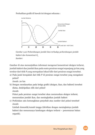 249Ilmu Pengetahuan Alam
Perhatikan grafik di bawah ini dengan seksama :
Gambar 9.22 Perkembangan jumlah ikan terhadap perkembangan jumlah
bakteri dan konsentrasi O2
Sumber:
Gambar di atas menunjukkan informasi mengenai konsentrasi oksigen terlarut,
jumlah bakteri dan jumlah ikan pada suatu perairan sungai sepanjang 50 km yang
terukur dari titik P yang merupakan lokasi hilir dari perairan sungai tersebut.
a)	Pada jarak berapakah dari titik P di perairan sungai tersebut yang mengalami
polusi?
Jawab: 20 km
b)	 Dengan mendasarkan pada ketiga grafik (oksigen, ikan, dan bakteri) tersebut
diatas, deskripsikan efek dari polusi!
Jawab:
Polusi pada perairan sungai tersebut akan menurunkan oksigen terlarut,
menurunkan jumlah ikan, dan meningkatkan jumlah bakteri
c)	Perkirakan satu kemungkinan penyebab atau sumber dari polusi tersebut!
Jawab:
Limbah domestik/rumah tangga (dicirikan dengan meningkatnya jumlah
bakteri dan menurunnya kandungan oksigen terlarut – pencemaran bahan
organik).
 