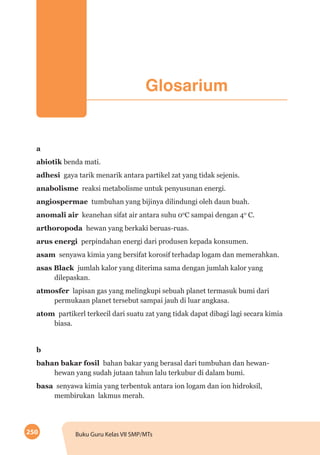 250 Buku Guru Kelas VII SMP/MTs
a
abiotik benda mati.
adhesi gaya tarik menarik antara partikel zat yang tidak sejenis.
anabolisme reaksi metabolisme untuk penyusunan energi.
angiospermae tumbuhan yang bijinya dilindungi oleh daun buah.
anomali air keanehan sifat air antara suhu 00
C sampai dengan 40
C.
arthoropoda hewan yang berkaki beruas-ruas.
arus energi perpindahan energi dari produsen kepada konsumen.
asam senyawa kimia yang bersifat korosif terhadap logam dan memerahkan.
asas Black jumlah kalor yang diterima sama dengan jumlah kalor yang
dilepaskan.
atmosfer lapisan gas yang melingkupi sebuah planet termasuk bumi dari
permukaan planet tersebut sampai jauh di luar angkasa.
atom partikerl terkecil dari suatu zat yang tidak dapat dibagi lagi secara kimia
biasa.
b
bahan bakar fosil bahan bakar yang berasal dari tumbuhan dan hewan-
hewan yang sudah jutaan tahun lalu terkubur di dalam bumi.
basa senyawa kimia yang terbentuk antara ion logam dan ion hidroksil,
membirukan lakmus merah.
Glosarium
 