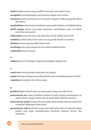 256 Buku Guru Kelas VII SMP/MTs
materi segala sesuatu yang memiliki massa dan menempati ruang.
mengukur membandingkan suatu besaran dengan suatu satuan.
meniscus bentuk permukaan zat cair pada tempatnya akibat pengaruh adhesi
dan kohesi.
metabolisme seluruh proses biokimia yang terjadi di dalam sel makhluk hidup.
metil orange larutan yang dapat digunakan membedakan suatu zat adalah
asam basa atau garam.
mikroskop suatu alat sains yang digunakan untuk melihat jasad renik.
molekul partikel terkecil dari suatu zat yang masih bersifat zat asalnya.
Molusca hewan yang memiliki tubuh lunak.
morfologi sifat yang nampak dari luar tubuh makhluk hidup.
nultiseluler bersel banyak.
n
nukleus inti sel, berfungsi sebagai pusat pengatur kegiatan sel.
o
omnivora hewan pemakan tumbuhan dan daging.
organ beberapa jaringan yang saling bekerja sama mendukung fungsi tertentu.
organisme kumpulan dari sistem organ.
p
partikel bagian terkecil suatu zat yang masih mempunyai sifat zat itu.
pencemaran air suatu perubahan keadaan di suatu tempat penampungan air
seperti danau, sungai, lautan, dan air tanah akibat aktivitas manusia.
pencemaran tanah keadaan di mana bahan kimia buatan manusia masuk dan
mengubah lingkungan tanah alami.
pencemaran udara kehadiran satu atau lebih bahan kimia di atmosfer dalam
jumlah yang dapat membahayakan kesehatan manusia, hewan, dan
tumbuhan.
 